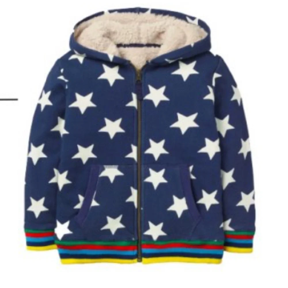 Mini Boden Sherpa Lined Star Hoodie 5-6Y Rainbow Trim Unisex Navy Preppy School